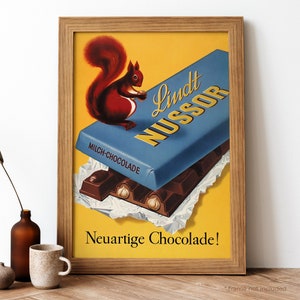 Lindt Nussor Chocolate Vintage Poster, Swiss Food Retro Print, Swiss Food Antique Print, Food & Drink Vintage Poster | FD73