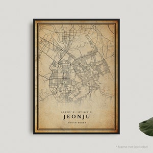 Impression de carte vintage de Jeonju, affiche de carte rétro de Jeonju, carte de style ancien, Corée du Sud, oeuvre d'art murale de bureau, cadeau d'anniversaire de pendaison de crémaillère | VW479