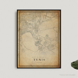 Tunis Vintage Map Print, Tunis Retro Map Poster, Antique Style Map, Tunisia, Office Wall Art, Housewarming Birthday Gift | VW310