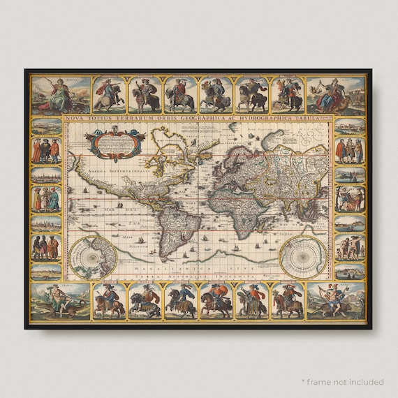 1652年の世界地図と水路図、17世紀のアンティーク世界地図、古地図