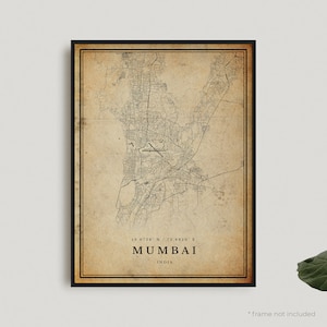 Impression de carte vintage de Bombay, affiche de carte rétro de Bombay, carte de style ancien, Inde, oeuvre d'art murale de bureau, cadeau d'anniversaire de pendaison de crémaillère | VW105