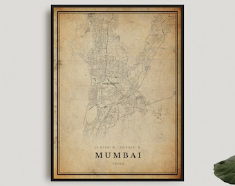 Mumbai Vintage Map Print, Mumbai Retro Map Poster, Antique Style Map, India, Office Wall Art, Housewarming Birthday Gift | VW105