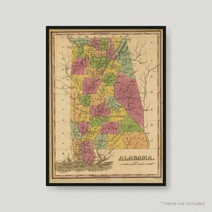 1823 Map Of Alabama Counties, Antique map of Alabama, Old Map of Alabama, Vintage Alabama Map | MP264