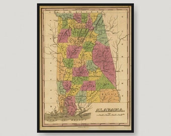 1823 Map Of Alabama Counties, Antique map of Alabama, Old Map of Alabama, Vintage Alabama Map | MP264