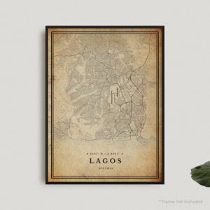Impression de carte vintage de Lagos, affiche de carte rétro de Lagos, carte de style ancien, Nigéria, oeuvre d'art murale de bureau, cadeau d'anniversaire de pendaison de crémaillère | VW123