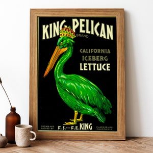 Poster vintage King Pelican, stampa retrò di cibo americano, stampa antica di cibo americano, poster vintage di cibo e bevande / FD194