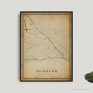 Impression de carte vintage Burbank, affiche de carte rétro Burbank, carte de Style ancien, Californie, art mural bureau, cadeau d'anniversaire de pendaison de crémaillère | VU274