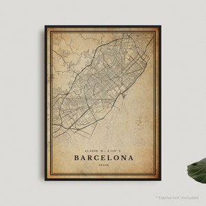 Impresión de mapa vintage de Barcelona, póster de mapa retro de Barcelona, mapa de estilo antiguo, España, arte de pared de oficina, regalo de cumpleaños de inauguración de la casa / VW157