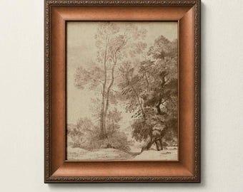 Vintage Tree Sketch Print, Sepia Landscape Drawing, Framed Wall Art