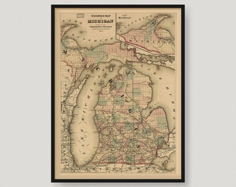 1876 Michigan Eisenbahn Karte, Historische Karte von Michigan, Antike Karte von Michigan, Alte Karte von Michigan, Vintage Michigan Karte | MP296
