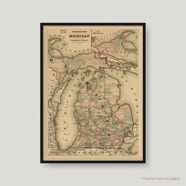 1876 Michigan Railroad Map, Historical Map of Michigan, Antique map of Michigan, Old Map of Michigan, Vintage Michigan Map | MP296