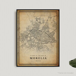 Impression de carte vintage de Morelia, affiche de carte rétro de Morelia, carte de style ancien, Mexique, oeuvre d'art murale de bureau, cadeau d'anniversaire de pendaison de crémaillère | VW456