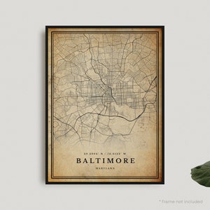 Baltimore Vintage Karte, Baltimore Retro Karte Poster, Karte im antiken Stil, Maryland, Büro Wand Kunst, Housewarming Geburtstagsgeschenk | VU26