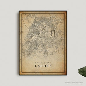 Impression de carte vintage de Lahore, affiche de carte rétro de Lahore, carte de style ancien, Pakistan, oeuvre d'art murale de bureau, cadeau d'anniversaire de pendaison de crémaillère | VW136