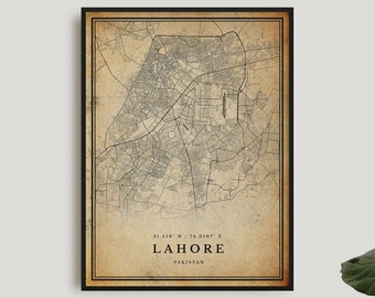 Lahore Vintage Map Print, Lahore Retro Map Poster, Antique Style Map, Pakistan, Office Wall Art, Housewarming Birthday Gift | VW136
