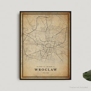 Impression de carte vintage de Wroclaw, affiche de carte rétro de Wroclaw, carte de style ancien, Pologne, oeuvre d'art murale de bureau, cadeau d'anniversaire de pendaison de crémaillère | VW470