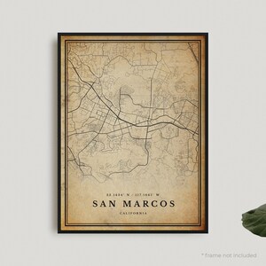 Mapa San Marcos Vintage Print, Mapa San Marcos Retro Poster, Mapa w stylu antycznym, Kalifornia, Ściana biurowa, Prezent urodzinowy na parapetówkę | VU346