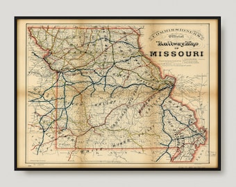 1888 Commissioners Official Railway Map Of Missouri, Historical Map of Missouri, Antique map of Missouri, Old Map, Vintage Map | MP299