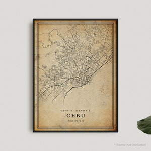 Impression de carte vintage de Cebu, affiche de carte rétro de Cebu, carte de style ancien, Philippines, oeuvre d'art murale de bureau, cadeau d'anniversaire de pendaison de crémaillère | VW423