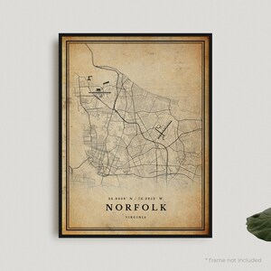 Impresión de mapa antiguo de Norfolk, póster de mapa retro de Norfolk, mapa de estilo antiguo, Virginia, arte de pared de oficina, regalo de cumpleaños de inauguración de la casa / VU81+