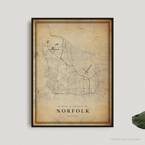 Norfolk Vintage Map Print, Norfolk Retro Map Poster, Antique Style Map, Virginia, Office Wall Art, Housewarming Birthday Gift | VU81+