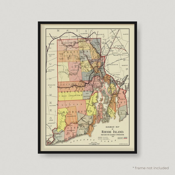 1910 Rhode Island Railroad Map, Historical Map of Rhode Island, Antique map of Rhode Island, Old Map, Vintage Rhode Island Map | MP311