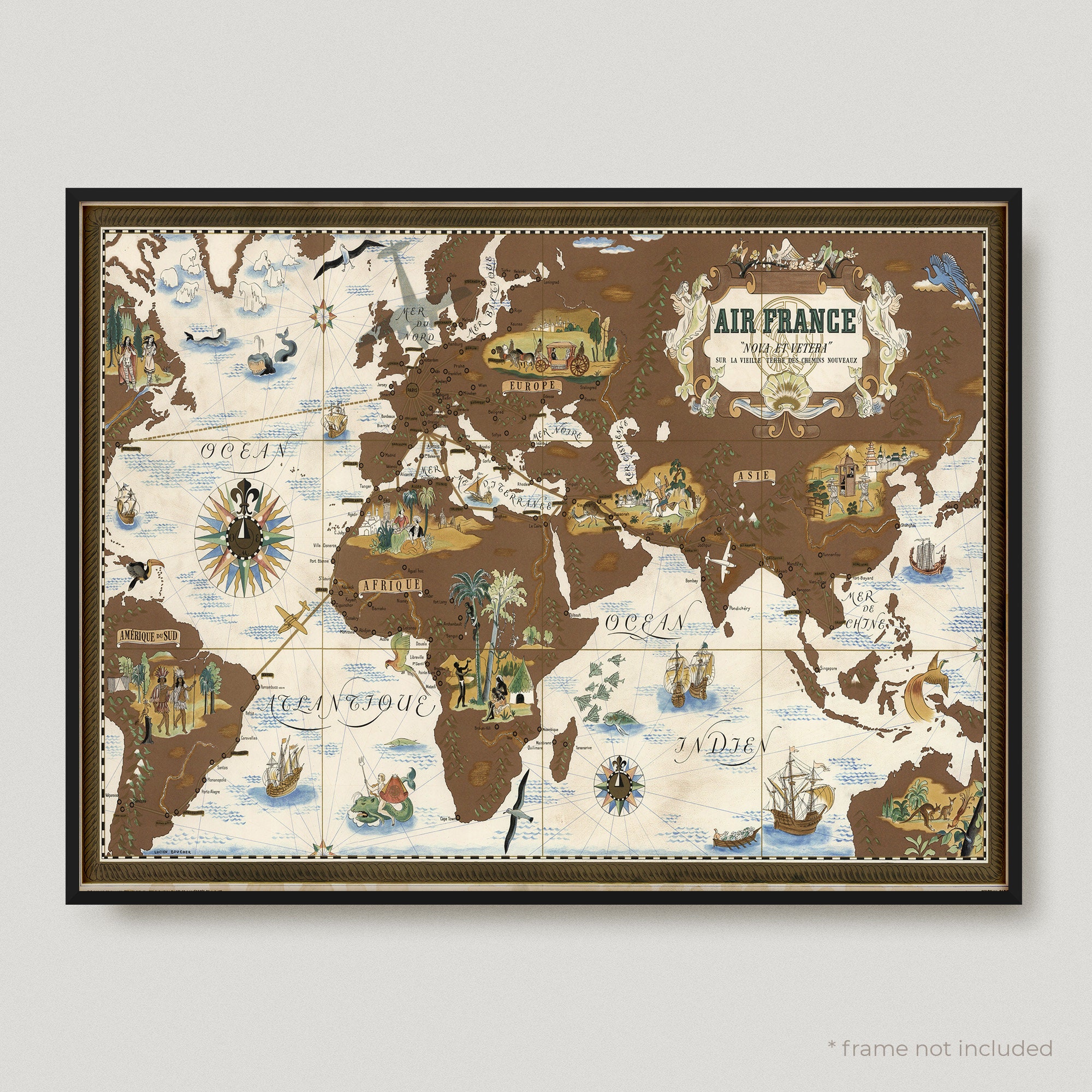 1939年 エールフランス 世界地図（絵入り）、エールフランス路線図