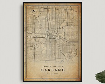 Oakland Vintage Map Print, Oakland Retro Map Poster, Antique Style Map, California, Office Wall Art, Housewarming Birthday Gift | VU45