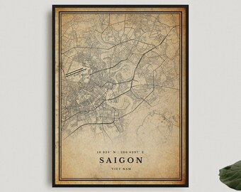 Saigon Vintage Map Print, Saigon Retro Map Poster, Antique Style Map, Viet Nam, Office Wall Art, Housewarming Birthday Gift | VW137