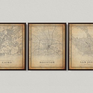 Lot de 3 affiches encadrées de carte vintage TOUTES LES VILLES - Toile de galerie encadrée haut de gamme - Impressions de carte rétro personnalisées (lot de 3), emplacements personnalisés