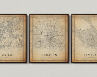 Set of 3 Framed ANY CITY Vintage Map Posters - Premium Framed Gallery Canvas - Personalized Retro Map Prints (Set of 3), Custom Locations