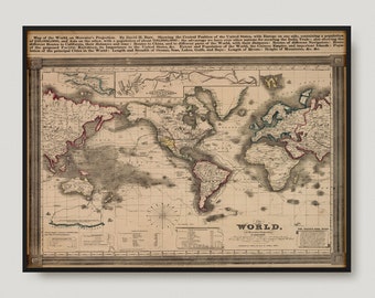 1850年の世界地図、メルカトル図法、19世紀のアンティーク世界地図、古