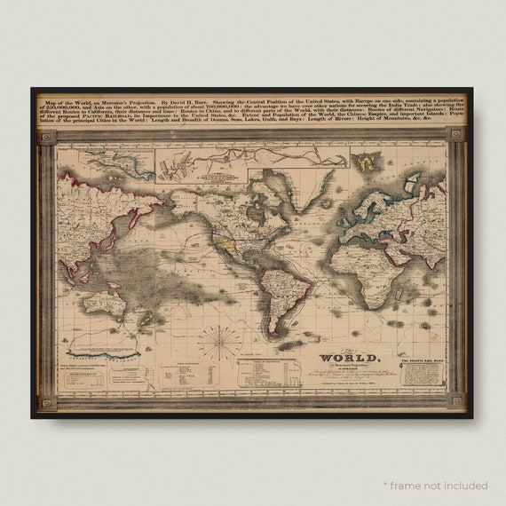 1850 Il mondo, sulla proiezione di Mercatore, Mappa antica del mondo del 19  secolo, Vecchia mappa del mondo, Rara mappa vintage del mondo / MP476 -   Italia