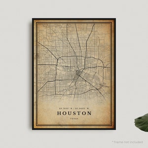 Impression de carte vintage Houston, affiche de carte rétro Houston, carte de Style ancien, Texas, art mural bureau, cadeau d'anniversaire de pendaison de crémaillère | VU04