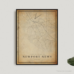 Impression de carte vintage Newport News, affiche de carte rétro Newport News, carte de Style ancien, Virginie, mur de bureau, cadeau d'anniversaire de pendaison de crémaillère | VU130