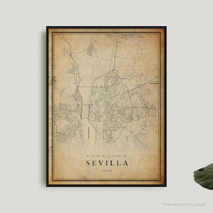 Impresión de mapa vintage de Sevilla, póster de mapa retro de Sevilla, mapa de estilo antiguo, España, arte de pared de oficina, regalo de cumpleaños de inauguración de la casa / VW433