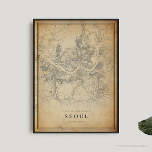 Impression de carte vintage de Séoul, affiche de carte rétro de Séoul, carte de style ancien, Corée du Sud, oeuvre d'art murale de bureau, cadeau d'anniversaire de pendaison de crémaillère | VW103