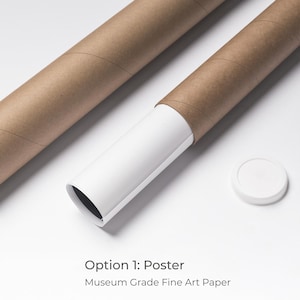 May include: A rolled up poster print in a brown cardboard tube with a white end cap. The text on the label reads "Option 1: Poster Museum Grade Fine Art Paper".