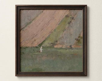 Pastoral Meadow Oil Painting Print, Lone Figure Decor, Framed Canvas, Sage Green Hillside Countryside