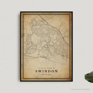 Swindon Vintage Karte Drucken, Swindon Retro Karte Poster, Karte im antiken Stil, Südwesten, Büro Wand Kunst, Housewarming Geburtstagsgeschenk | VW82