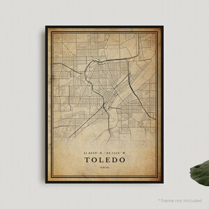 Impression de carte vintage de Tolède, affiche de carte rétro de Tolède, carte de Style ancien, Ohio, oeuvre d'art murale de bureau, cadeau d'anniversaire de pendaison de crémaillère | VU67