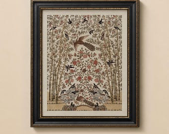 Vintage Peacock Garden Print, Chinoiserie Bird Wall Art, Botanical Nature Decor