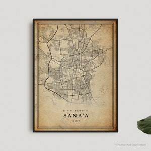 Impresión de mapa antiguo de Saná, póster de mapa retro de Saná, mapa de estilo antiguo, Yemen, arte de pared de oficina, regalo de cumpleaños de inauguración de la casa / VW321