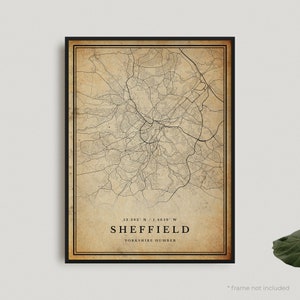Impression de carte vintage de Sheffield, affiche de carte rétro de Sheffield, carte de Style ancien, Yorkshire Humber, mur de bureau, cadeau d'anniversaire de pendaison de crémaillère | VW57
