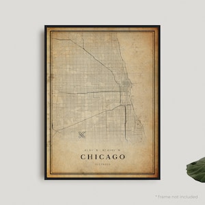 Impression de carte vintage de Chicago, affiche de carte rétro de Chicago, carte de Style ancien, Illinois, art mural bureau, cadeau d'anniversaire de pendaison de crémaillère | VU03