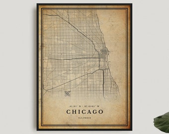 Stampa mappa vintage di Chicago, poster mappa retrò di Chicago, mappa in stile antico, Illinois, arte murale per ufficio, regalo di compleanno per inaugurazione della casa / VU03