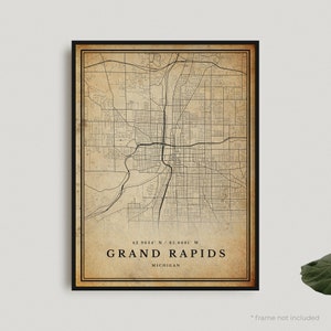 Stampa mappa vintage Grand Rapids, poster mappa retrò Grand Rapids, mappa in stile antico, Michigan, parete ufficio, regalo di compleanno per inaugurazione della casa / VU123