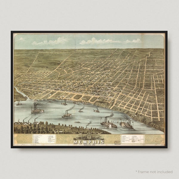 1870 Bird's Eye View Of The City Of Memphis, Tennessee, Antique Map of Memphis, Old Historical Map of Memphis, Memphis City Map | MP224