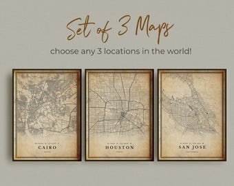 Set of 3 ANY CITY Vintage Map Posters | Personalized Antique Map Prints,  Retro Travel Wall Art for Home Office, Custom Locations, City Maps