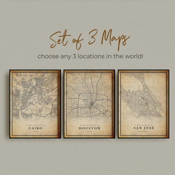 Set of 3 ANY CITY Vintage Map Posters | Personalized Antique Map Prints